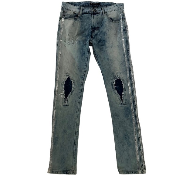 M. Society Men’s Acid Wash Patchwork Distressed Jeans Size 34x32 - Picture 1 of 17